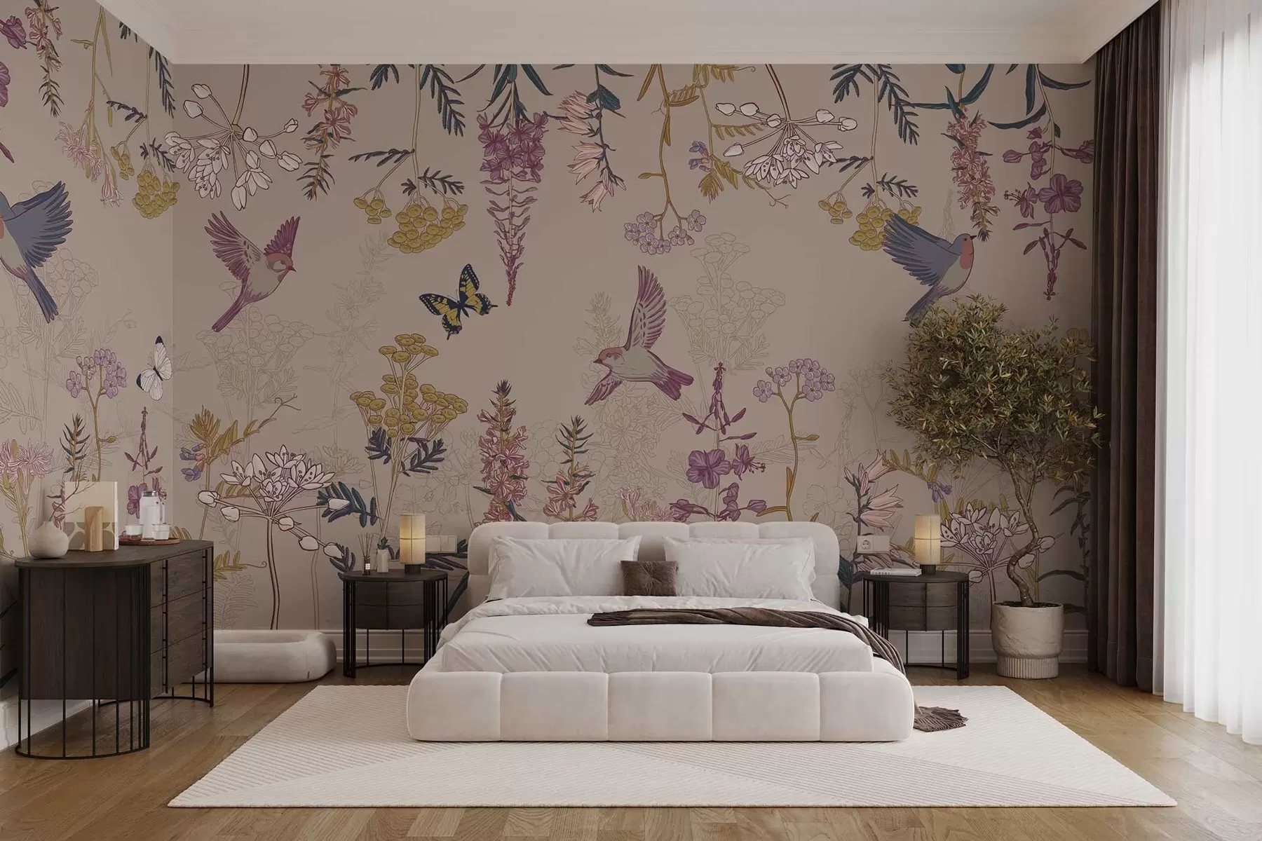 murales de pared un conjunto de flores silvestres y pájaros sobre fondo beige w02634