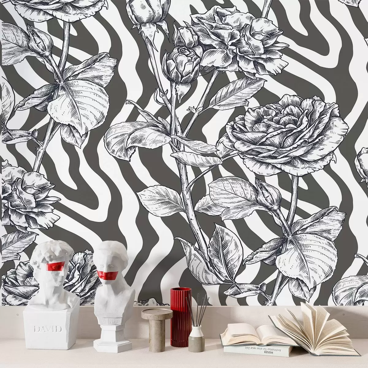 murales de pared rosas sobre fondo de cebra w02692