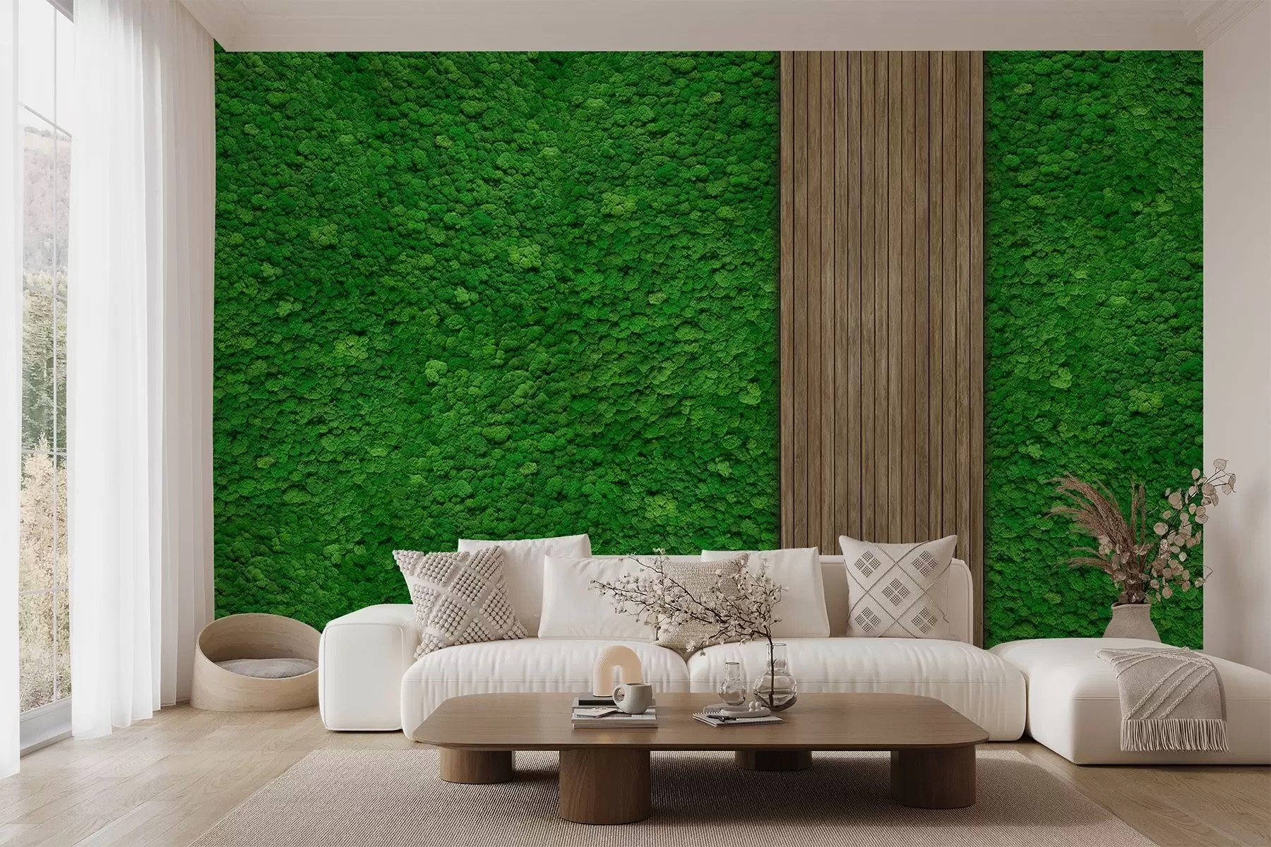 murales de pared Pared estilo musgo con panel de madera, exuberantes colores verdes w02656