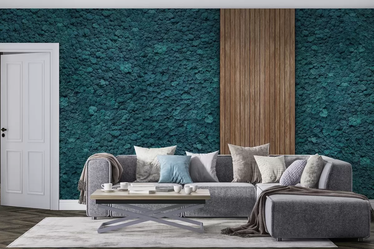 murales de pared Pared estilo musgo con panel de madera, exuberantes colores azules w02656v2
