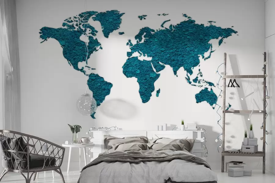 murales de pared Mapamundi con musgo, naturaleza, paleta de colores azules  w02657v1