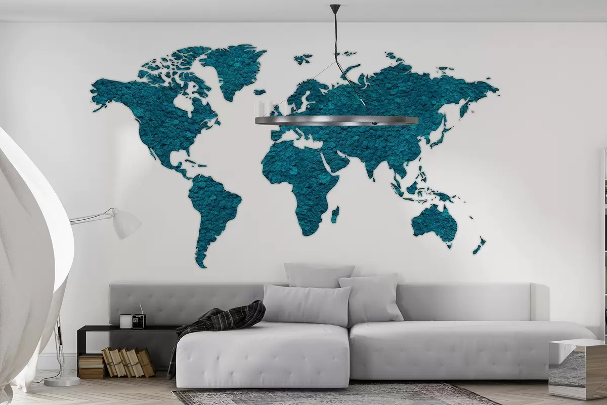 murales de pared Mapamundi con musgo, naturaleza, paleta de colores azules  w02657v1