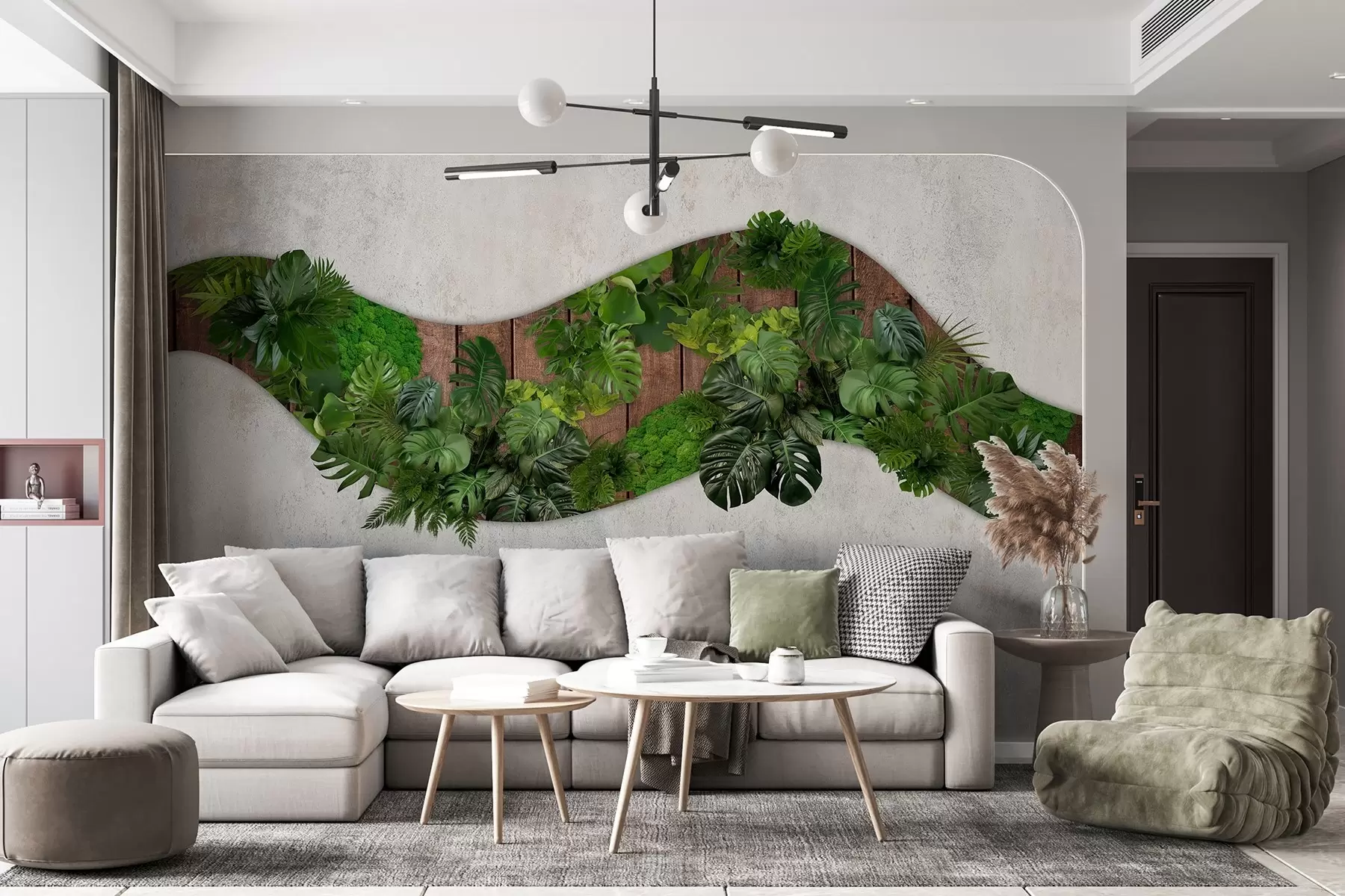 murales de pared Adorno de pared con plantas, musgo, hojas de palmera, fondo de madera w02658