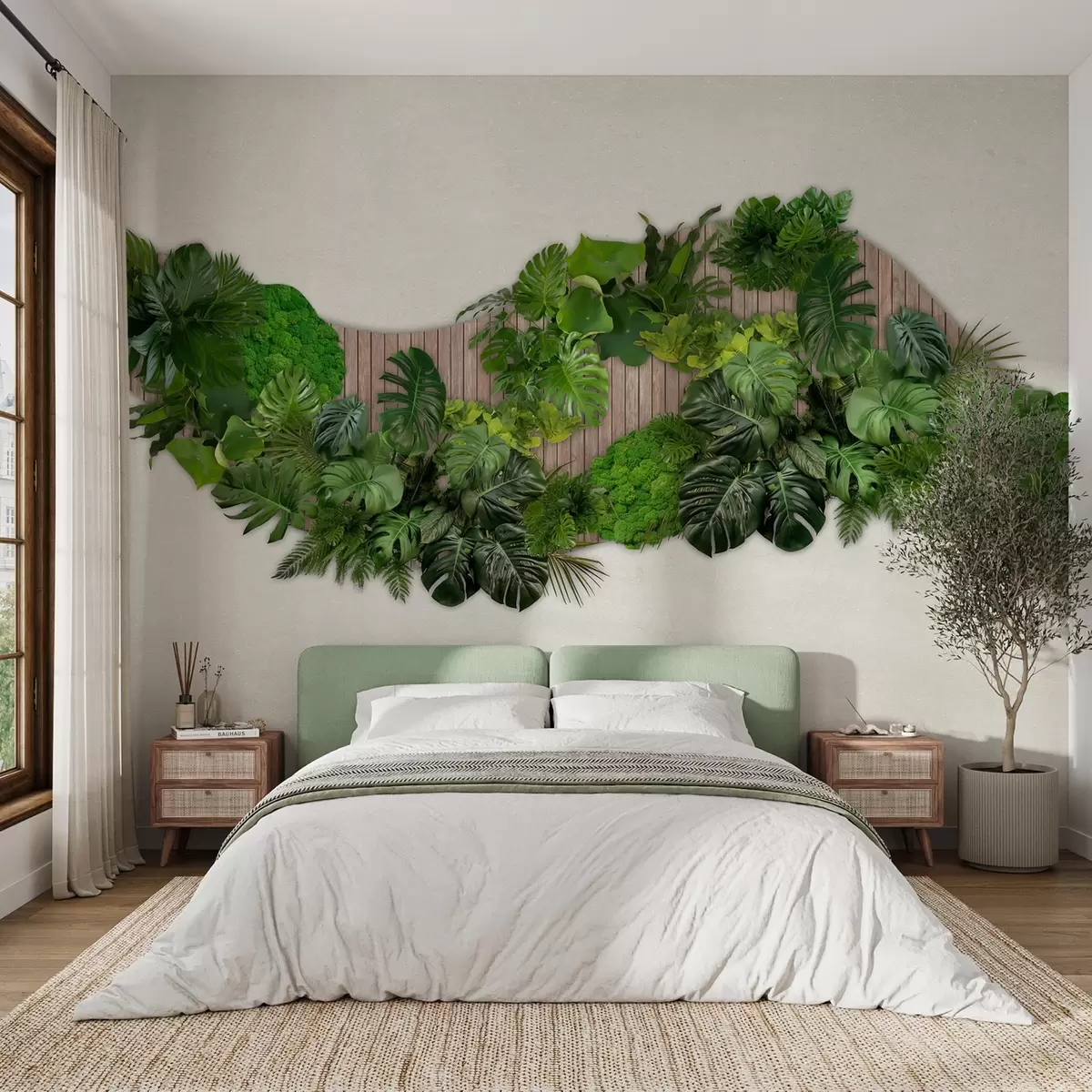 murales de pared Panel floral con hojas de palmera, musgo y fondo de madera w02717