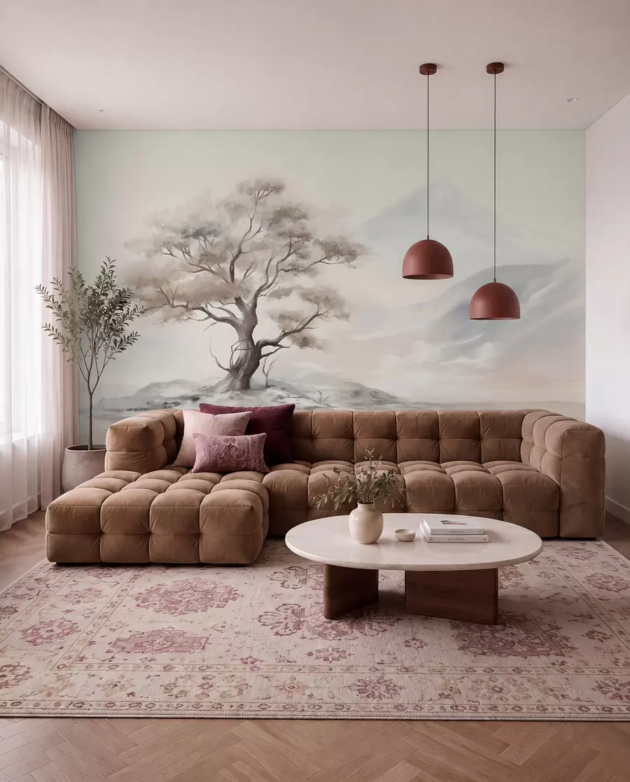 murales de pared Dibujo minimalista de un árbol solitario y retorcido en un paisaje desolado y rocoso con montañas al fondo  w08604