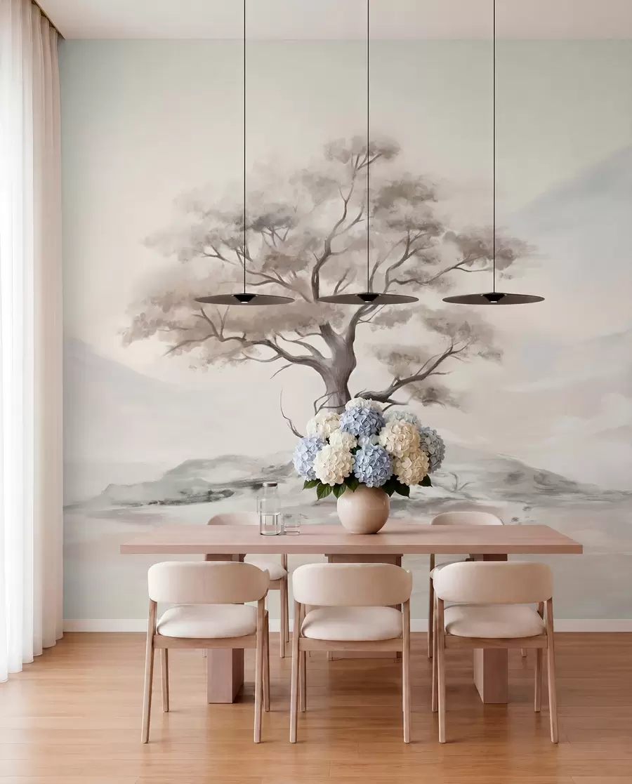 murales de pared Dibujo minimalista de un árbol solitario y retorcido en un paisaje desolado y rocoso con montañas al fondo  w08604