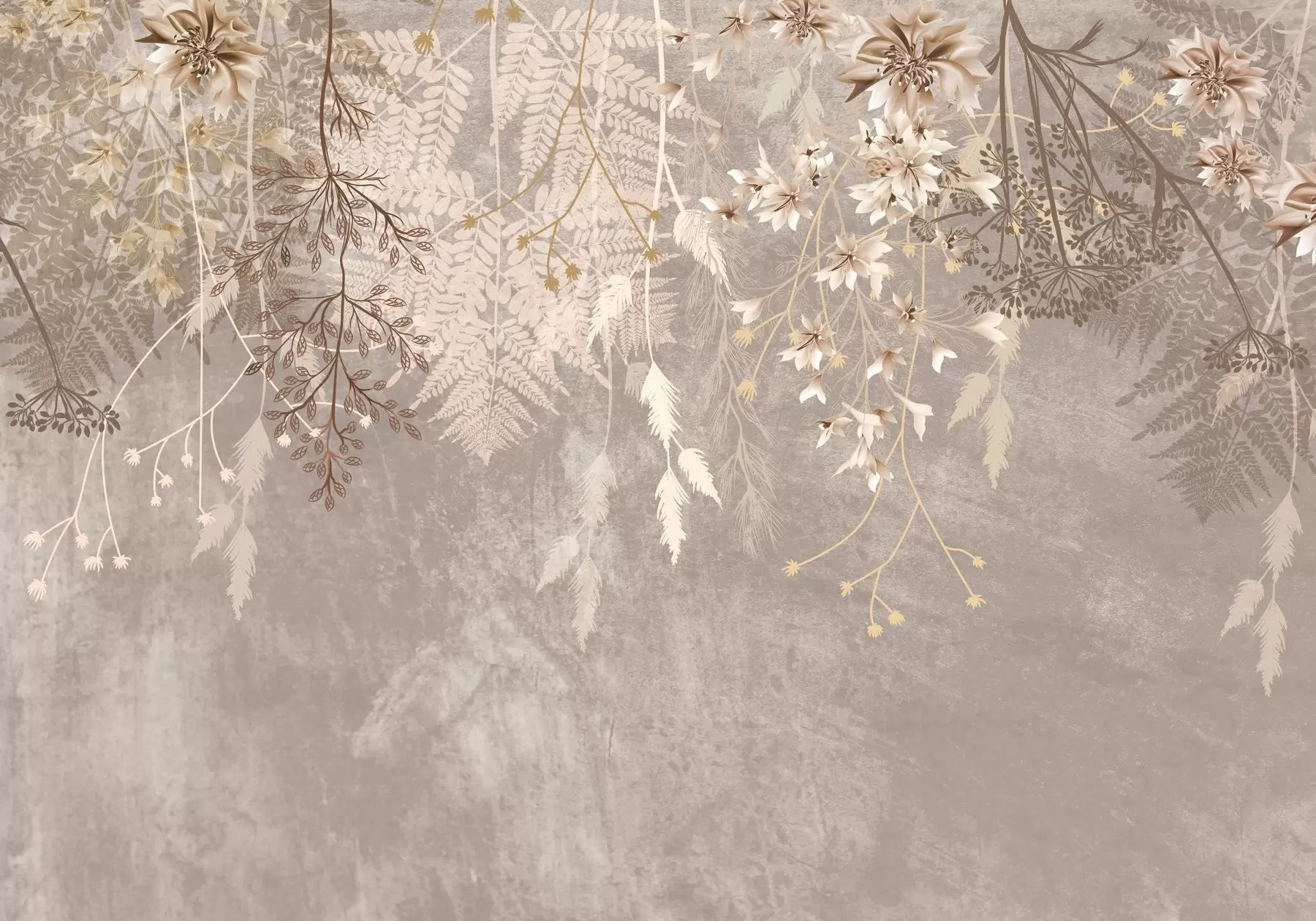 murales de pared Unas plantas de ensueño, delicadas y tenues, espiguillas y flores en colores pastel marrones sobre un fondo brumoso y texturizado w08606v1