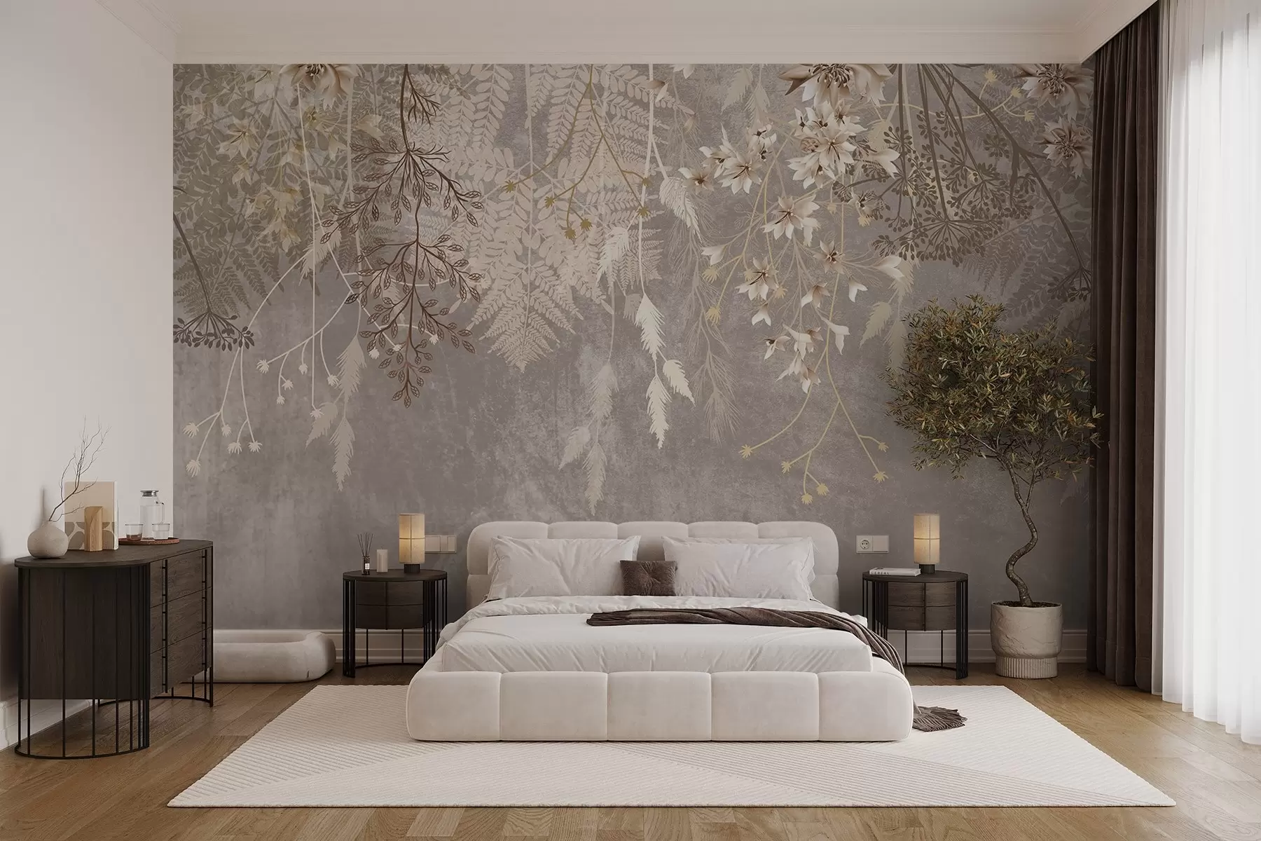murales de pared Unas plantas de ensueño, delicadas y tenues, espiguillas y flores en colores pastel marrones sobre un fondo brumoso y texturizado w08606v1