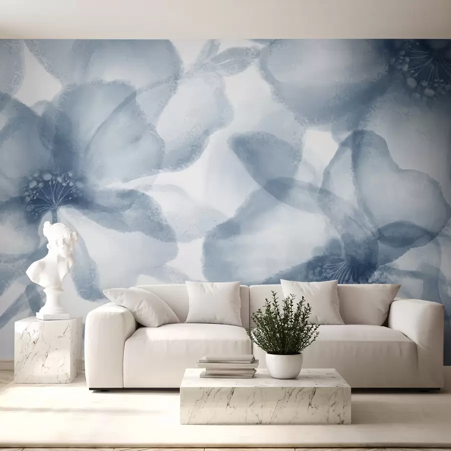 murales de pared Flores azules abstractas suaves y difuminadas que crean un estampado floral sereno y tranquilizador w08607