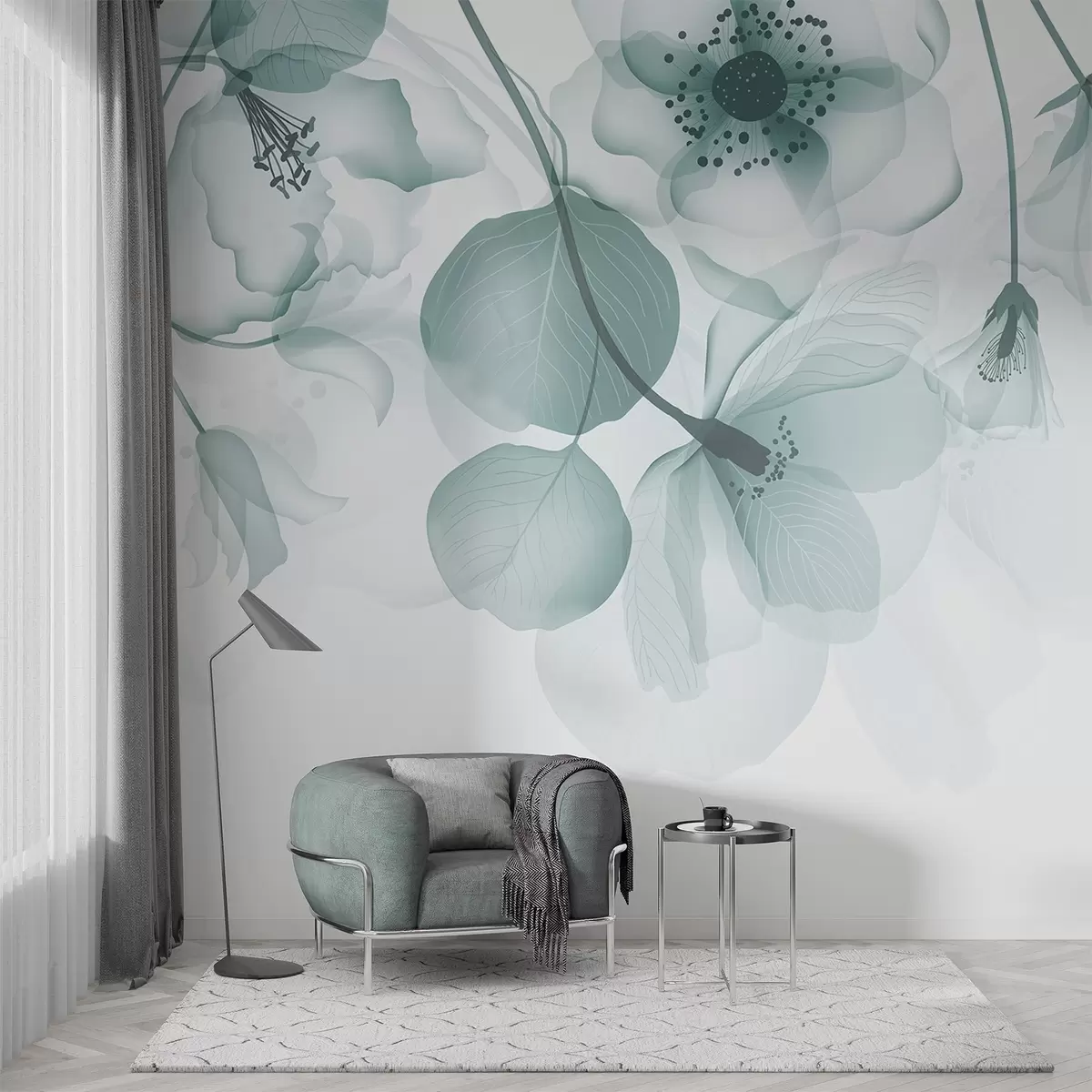 murales de pared Delicadas flores translúcidas de color turquesa apagado, con pétalos suaves y centros oscuros, sobre un fondo claro w08613v1