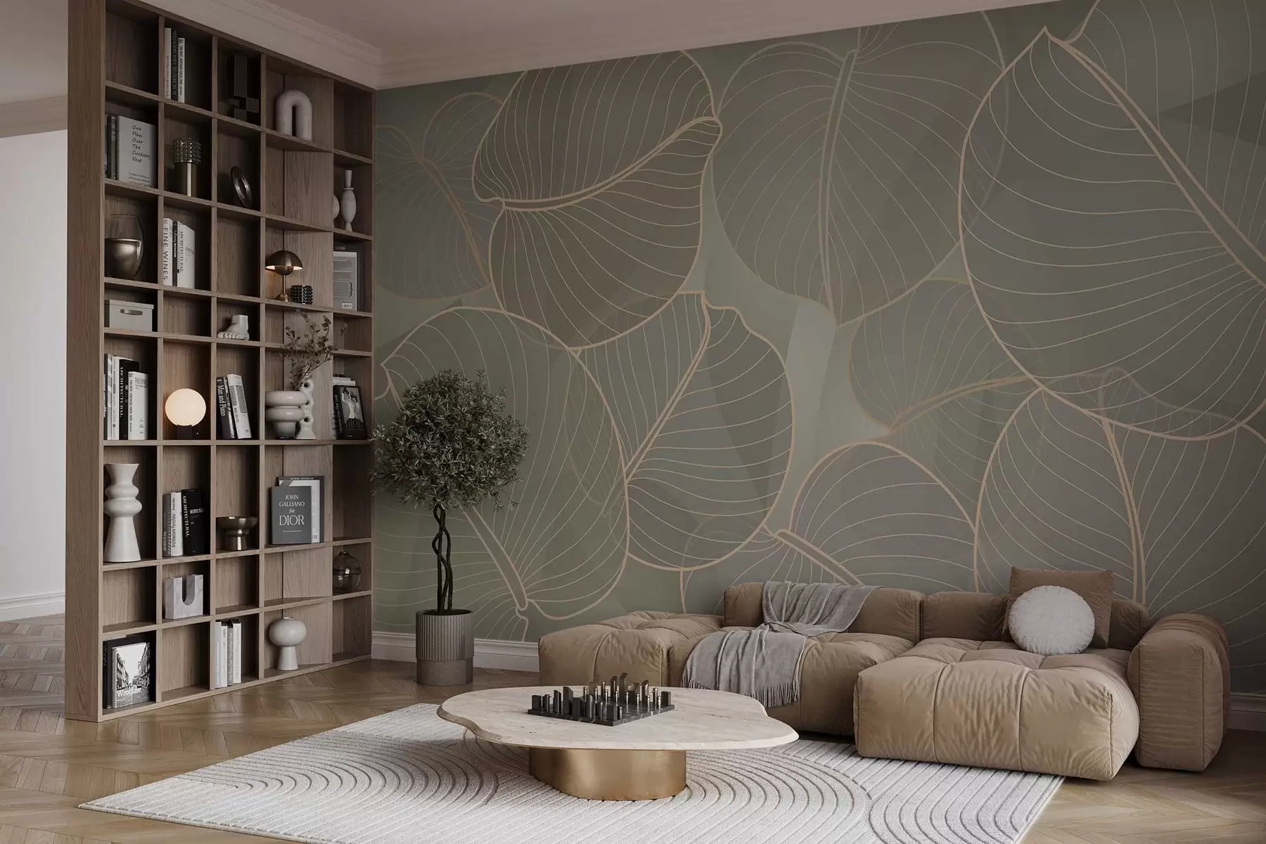 murales de pared follaje lineal del lirio de agosto en tonos beige w02768