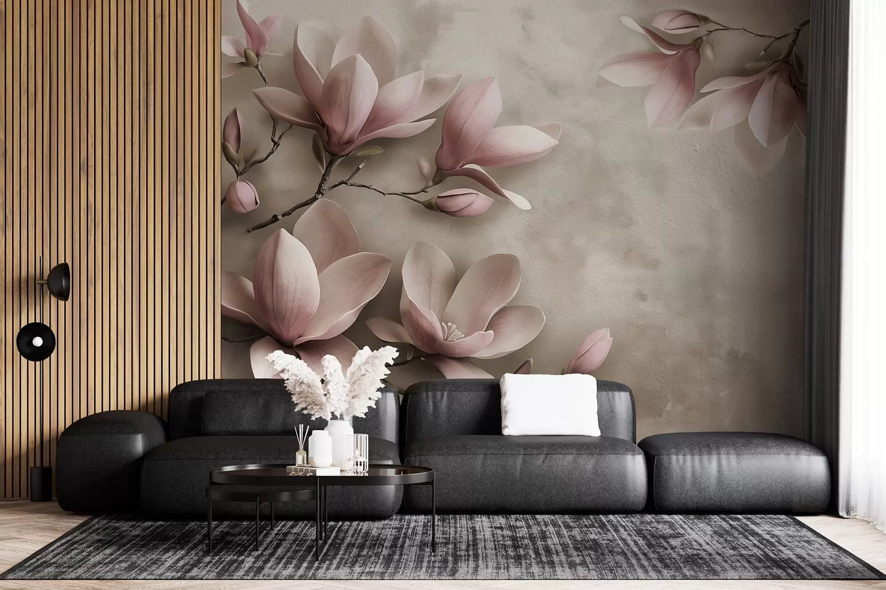 murales de pared Delicadas magnolias rosas sobre un muro de hormigón en tonos sepia w08636v2