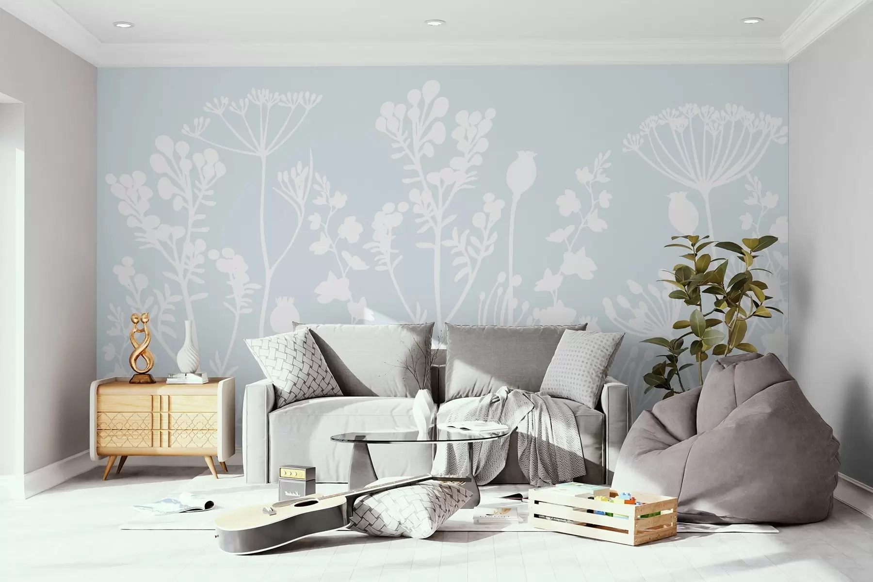 murales de pared siluetas blancas de flores sobre fondo azul w02809v1