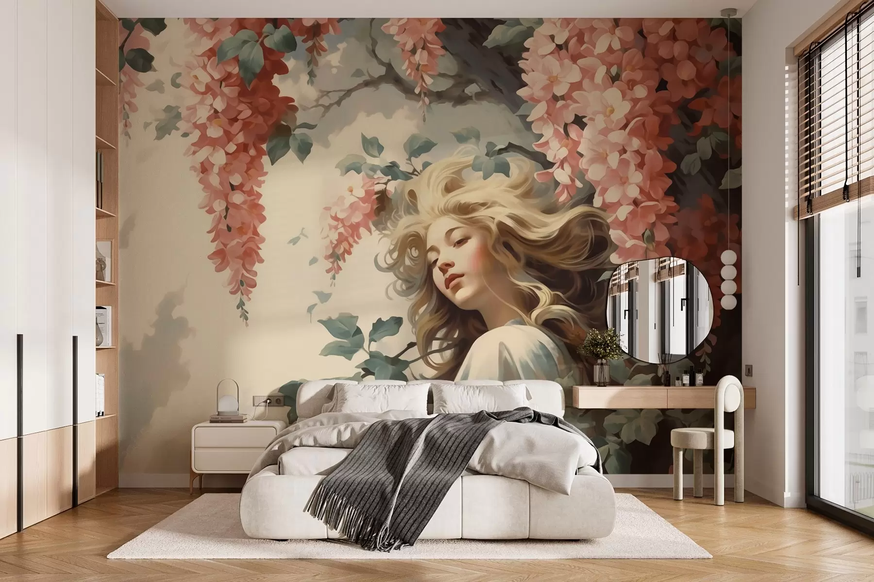 murales de pared Retrato abstracto de una niña bajo un árbol con flores w02795