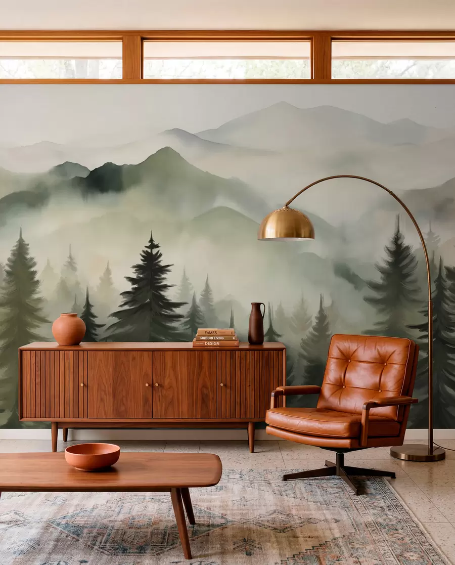 murales de pared Paisaje de montaña con un bosque de pinos y montañas en capas durante el amanecer con niebla ligera acuarela imitación arte  w08639