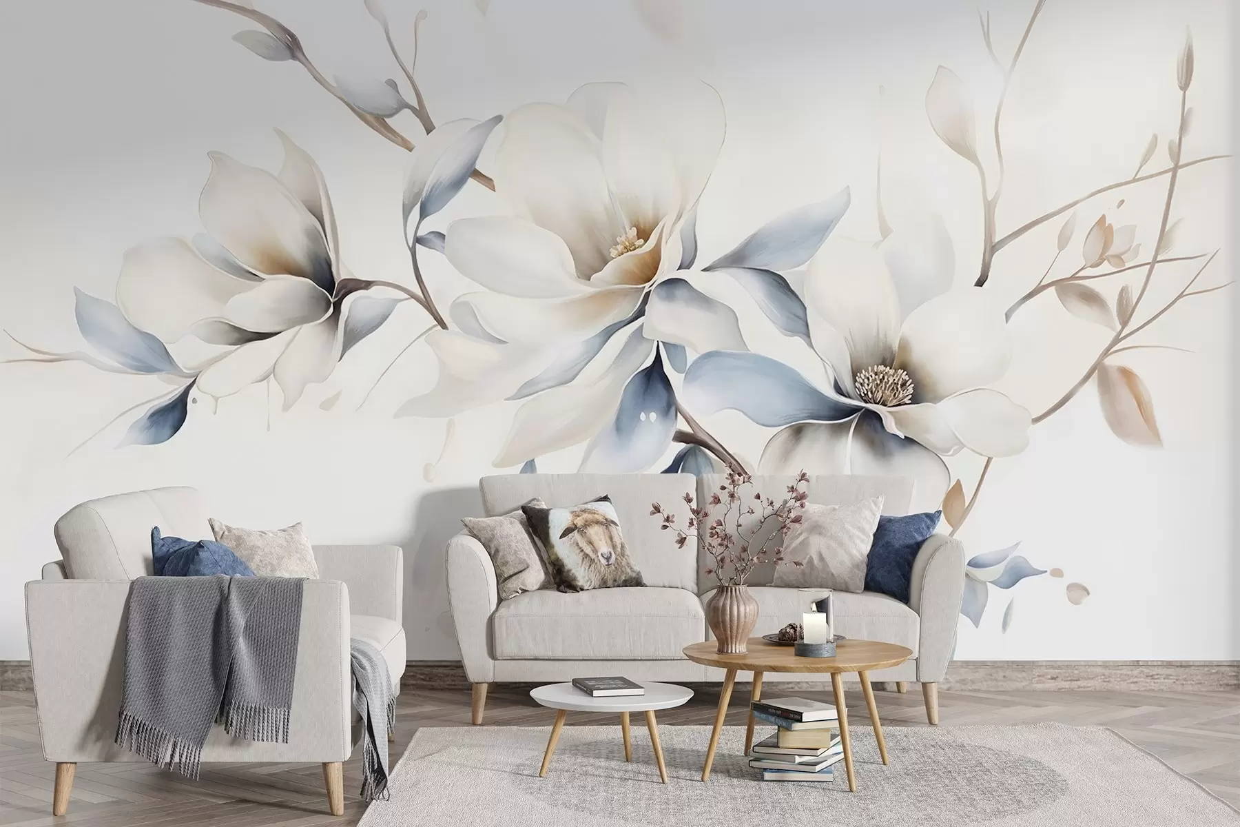 murales de pared Delicadas flores blancas de magnolia con suaves pétalos azules sobre un fondo claro acuarela imitación minimalismo  w08644