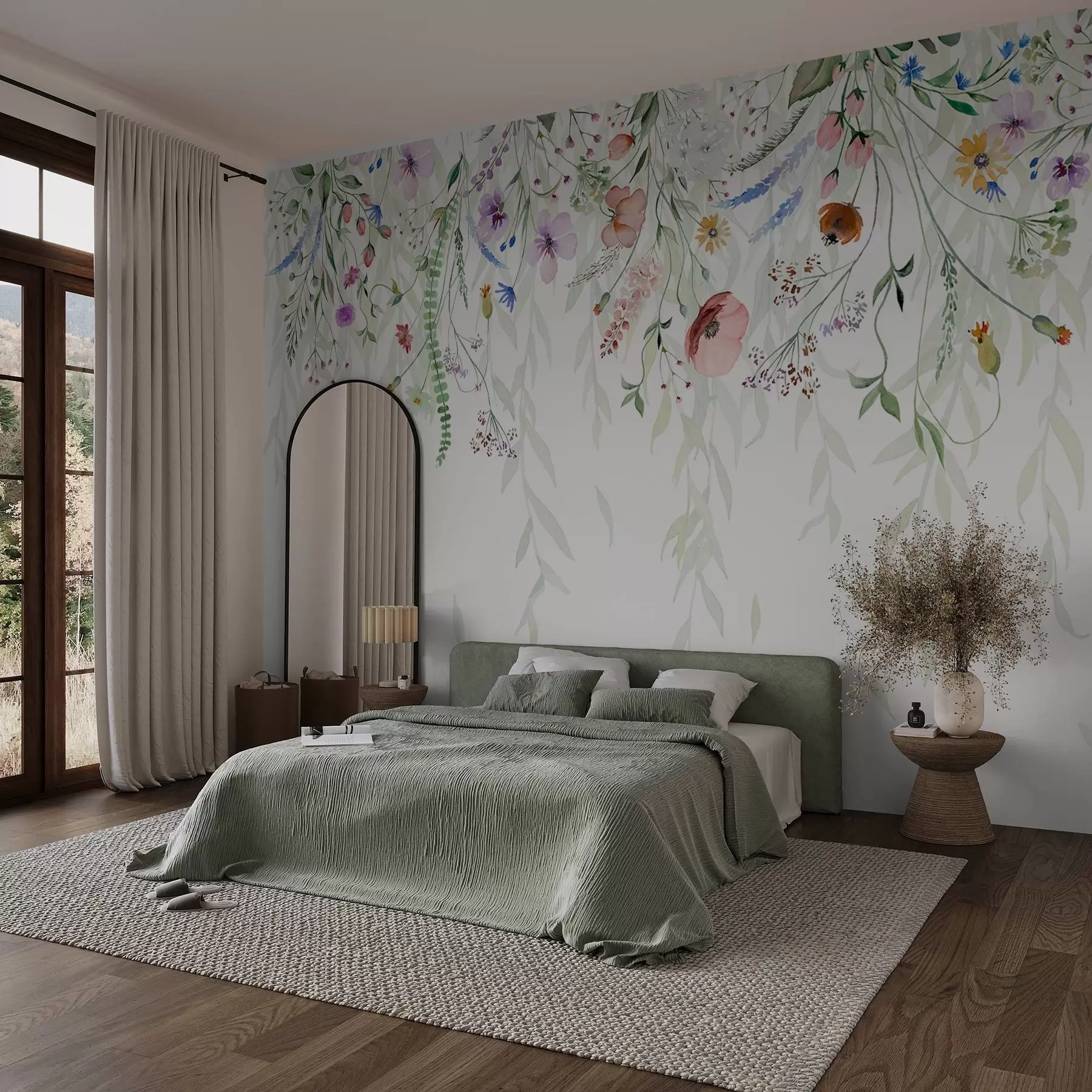 murales de pared Un colorido estampado floral en cascada con varias flores, hojas y plantas en estilo acuarela   w08646