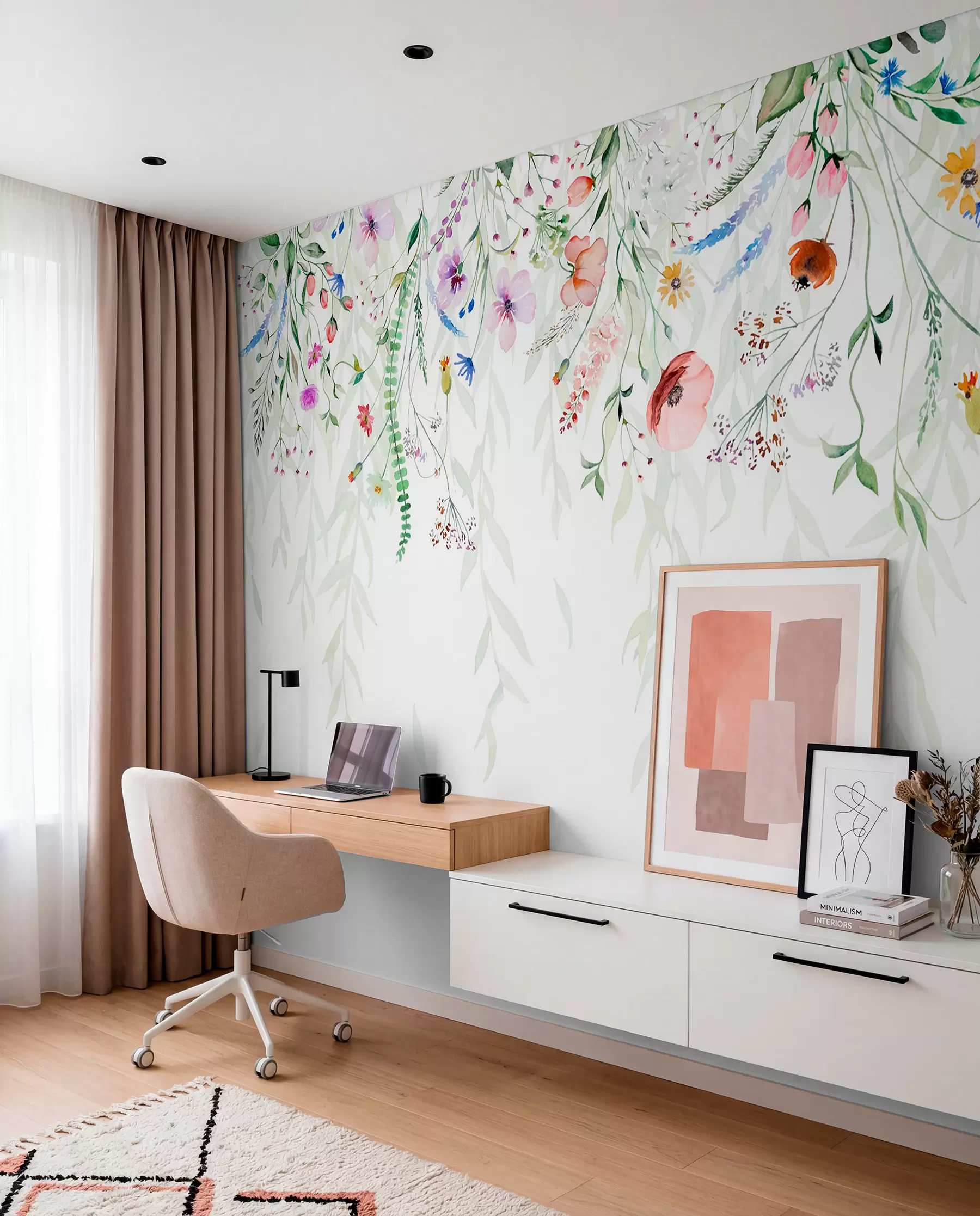 murales de pared Un colorido estampado floral en cascada con varias flores, hojas y plantas en estilo acuarela   w08646