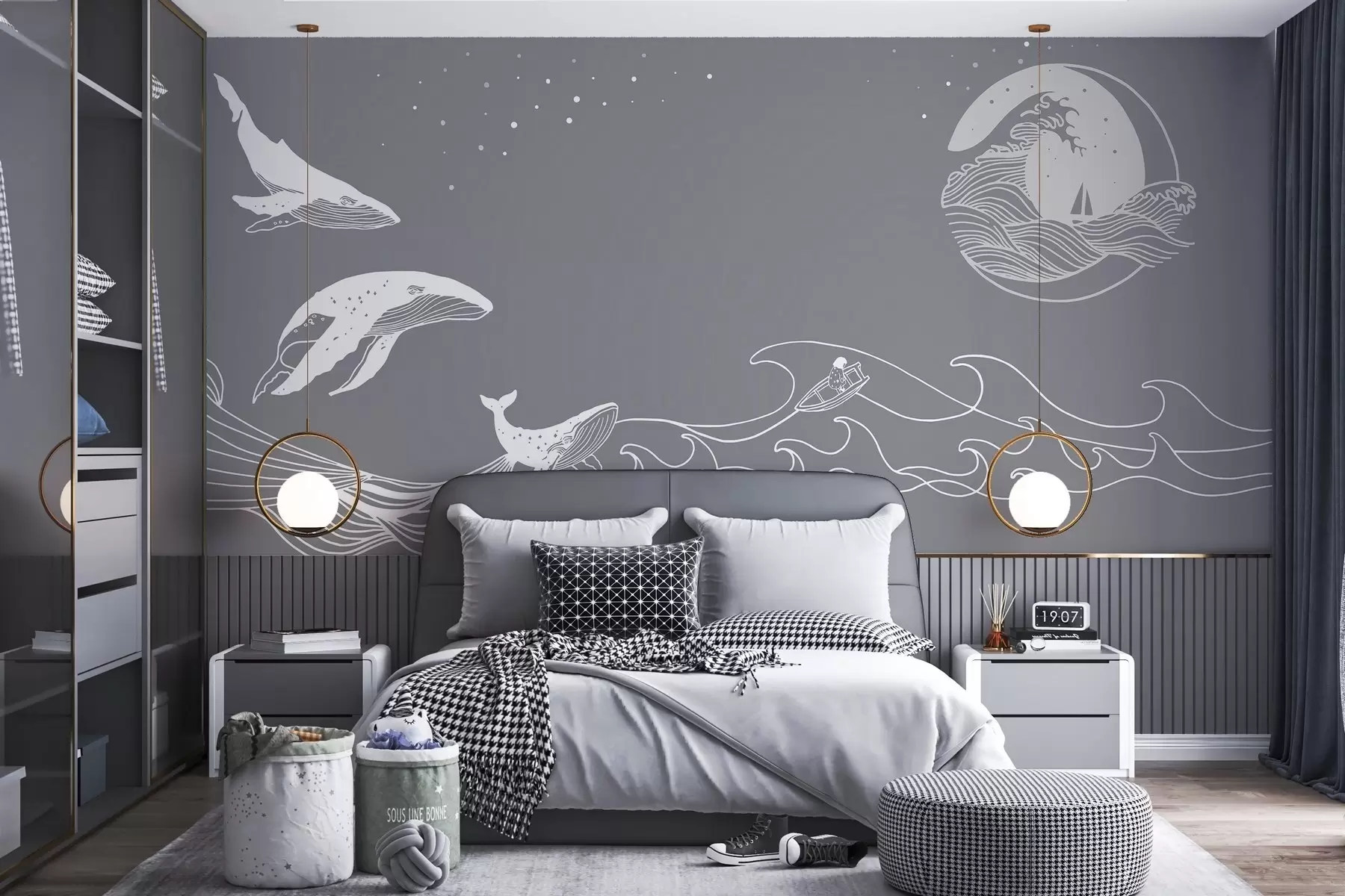murales de pared Ballenas y olas en el arte lineal minimalista w02774v1