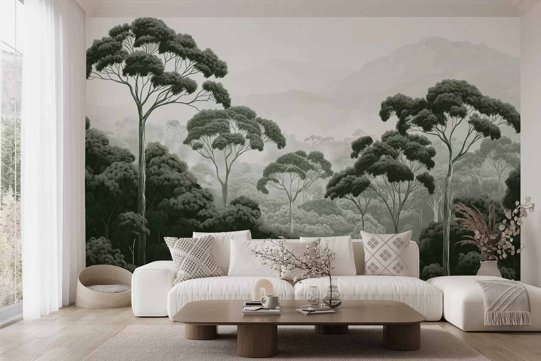 murales de pared Selva, montañas, tropical, naturaleza, grandes árboles, colores verde oscuro w02739v1