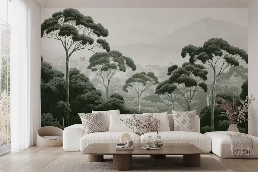 murales de pared Selva, montañas, tropical, naturaleza, grandes árboles, colores verde oscuro w02739v1