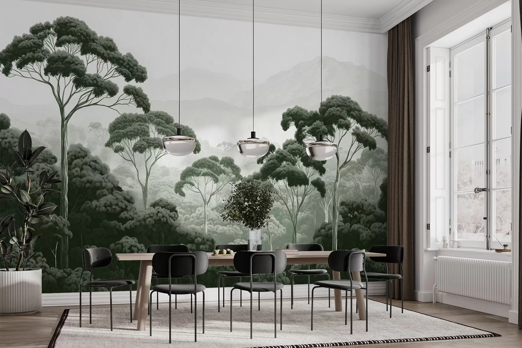 murales de pared Selva, montañas, tropical, naturaleza, grandes árboles, colores verde oscuro w02739v1