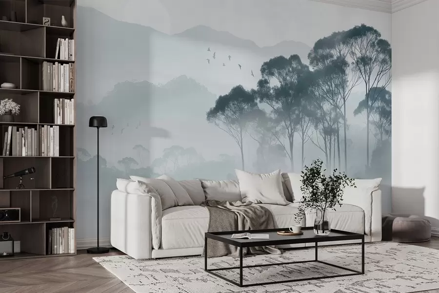 murales de pared Árboles en la niebla, paisajes de naturaleza, pájaros, sol, colores azules w02740v1