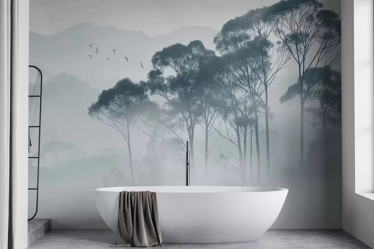 murales de pared Árboles en la niebla, paisajes de naturaleza, pájaros, sol, colores azules w02740v1