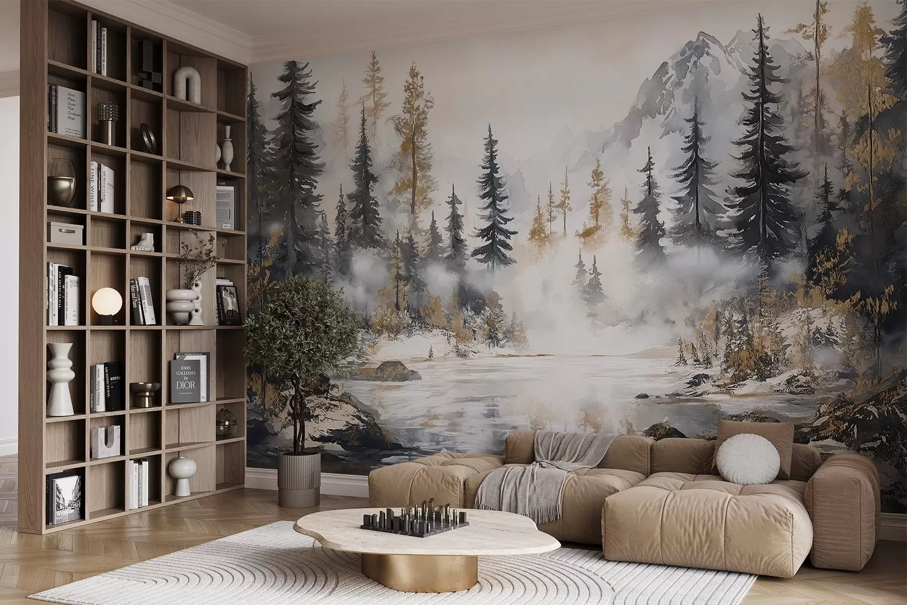 murales de pared Paisaje de invierno con lago y bosque, montañas, darwing estilo pastel w02741