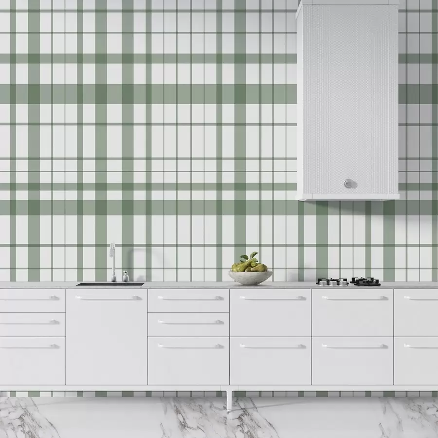 murales de pared Diseño minimalista a cuadros con líneas finas y verdes sobre fondo blanco, austeridad geométrica. w02852v3