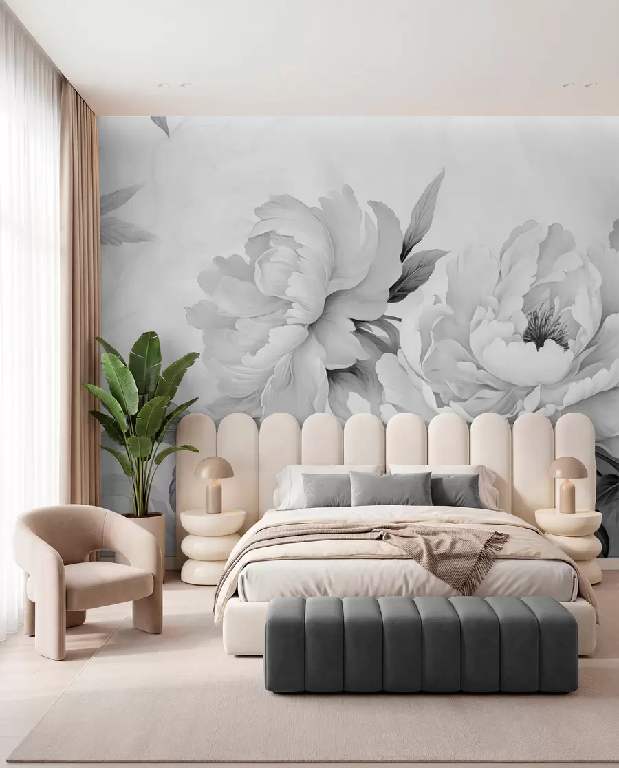 murales de pared Lujosas peonías en tonos grises, con delicados detalles de pétalos y hojas, que crean un ambiente elegante y sereno w02856