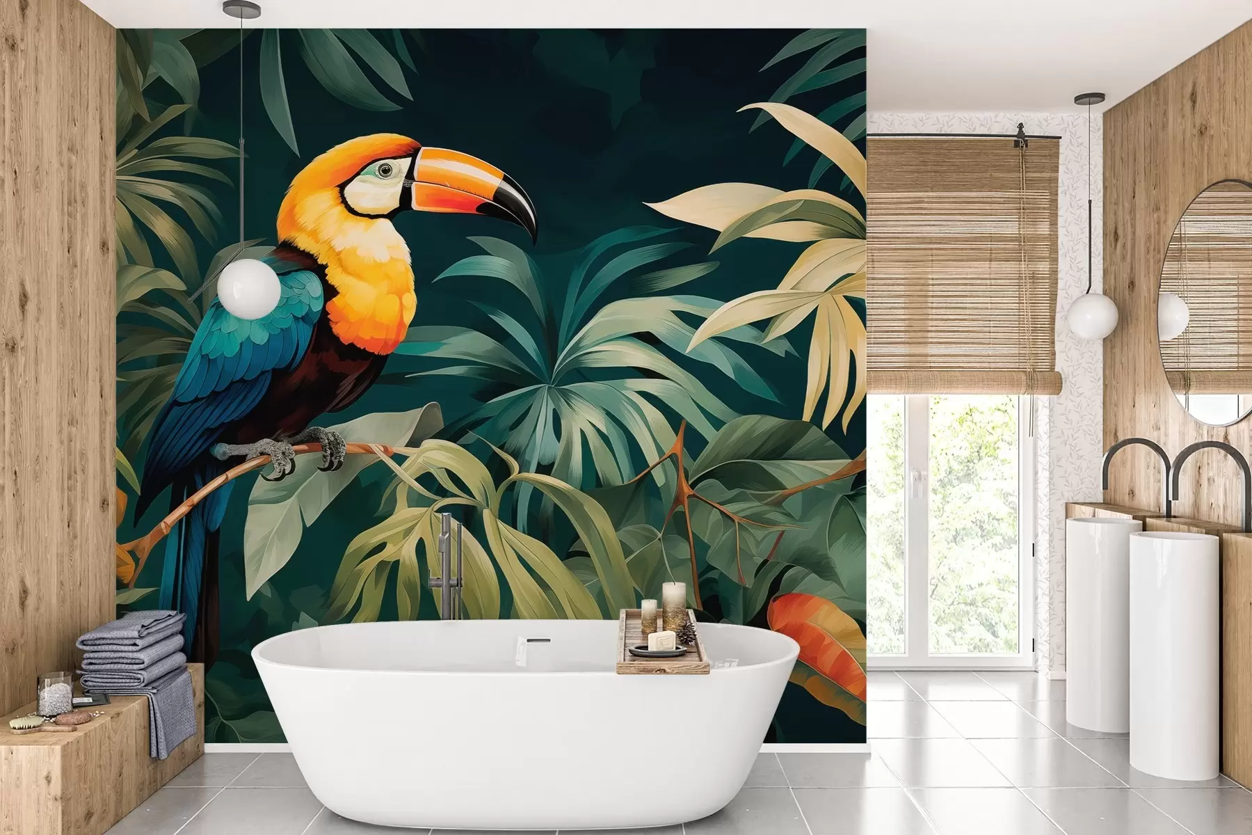 Murales de pared Paisaje tropical con un vibrante tucán posado en una rama, rodeado de exuberante follaje con grandes hojas en tonos verde intenso y amarillo. w02781 murales de pared Paisaje tropical con un vibrante tucán posado en una rama, rodeado de exuberante follaje con grandes hojas en tonos verde intenso y amarillo. w02781