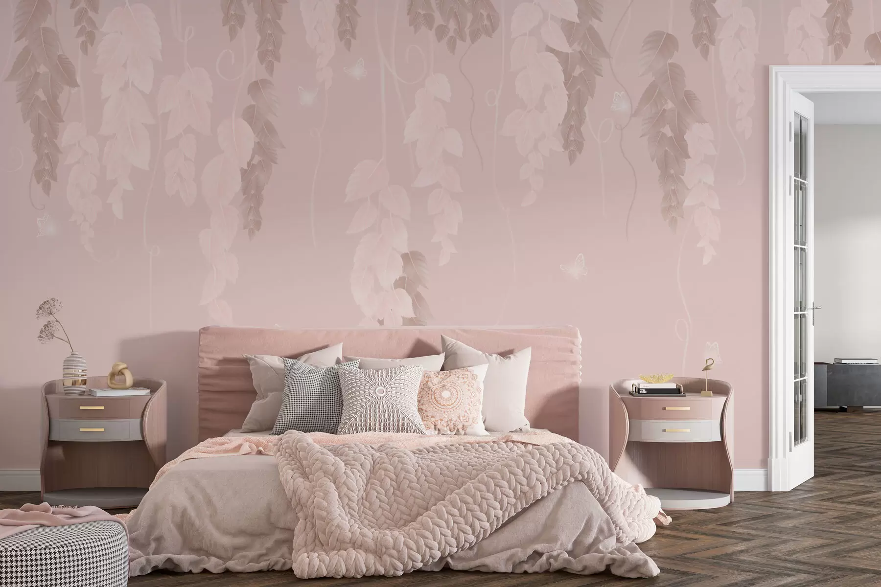 murales de pared Hojas colgantes y mariposas en rosa w02655