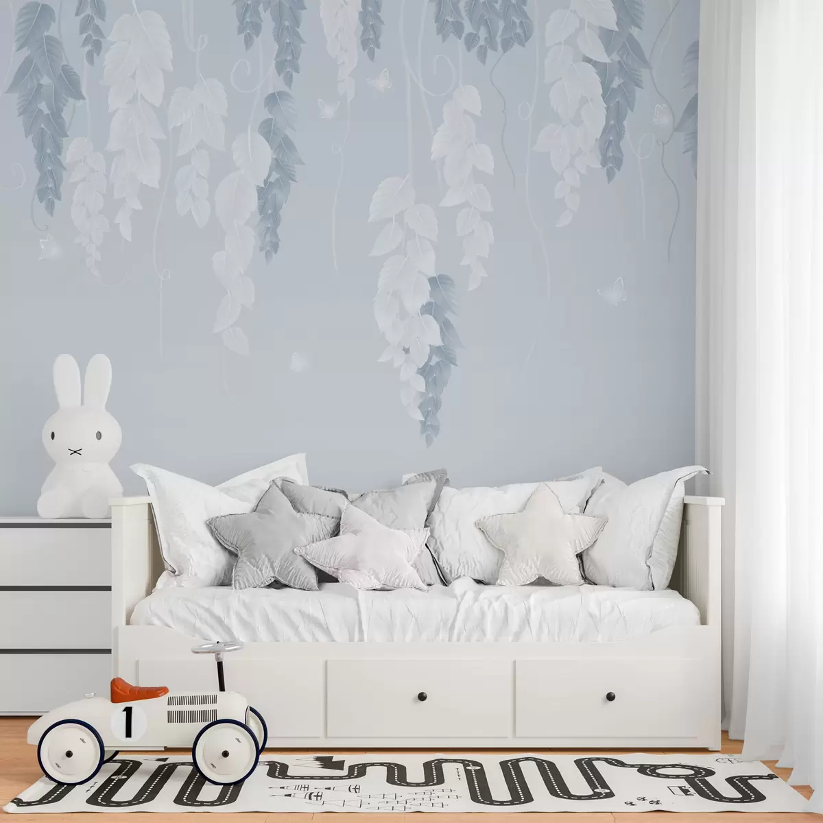 murales de pared Hojas colgantes y mariposas en azul w02655v1