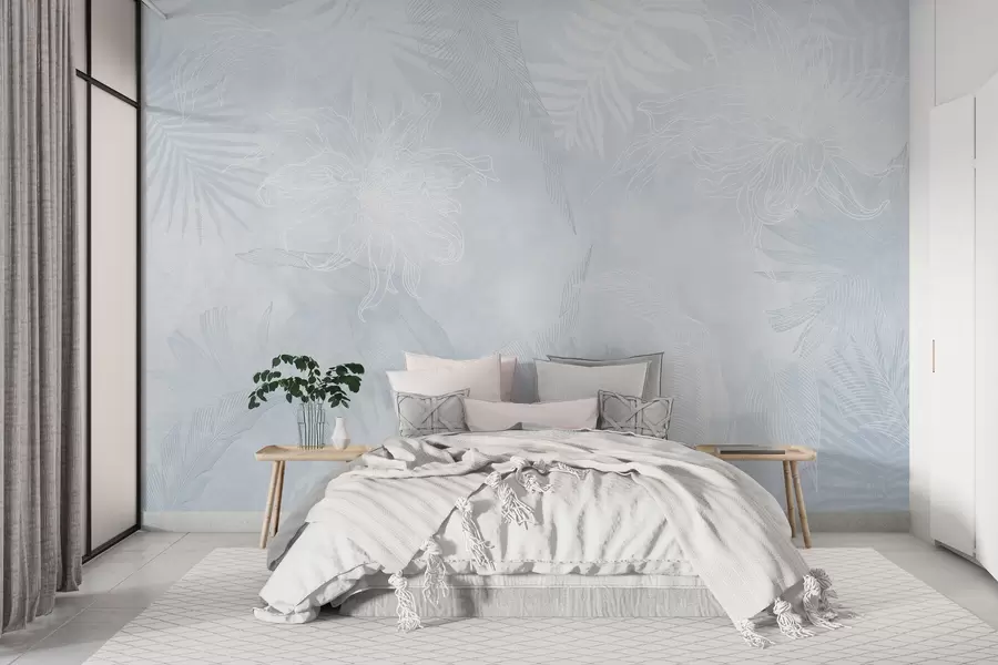 murales de pared Follaje tropical con efecto grunge y tinte azulado w02737v3