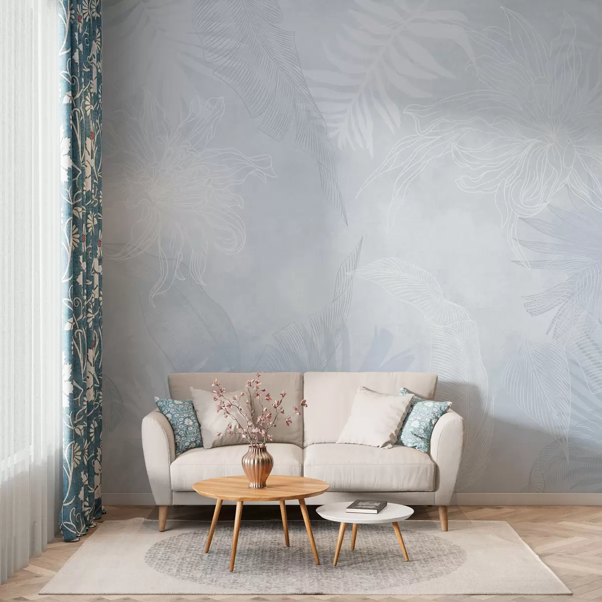 murales de pared Follaje tropical con efecto grunge y tinte azulado w02737v3