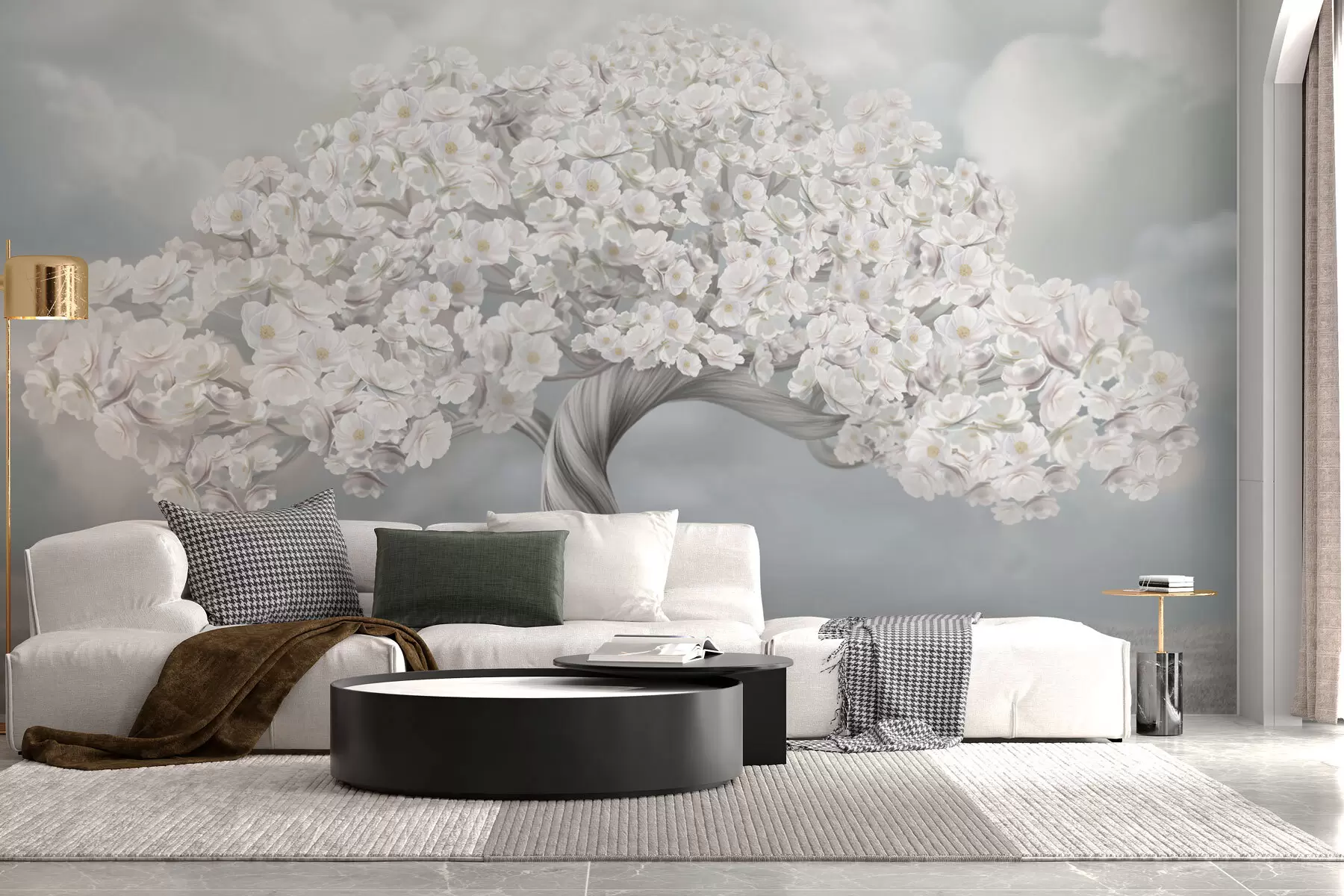 murales de pared Gran árbol en flor con nubes al fondo w02748