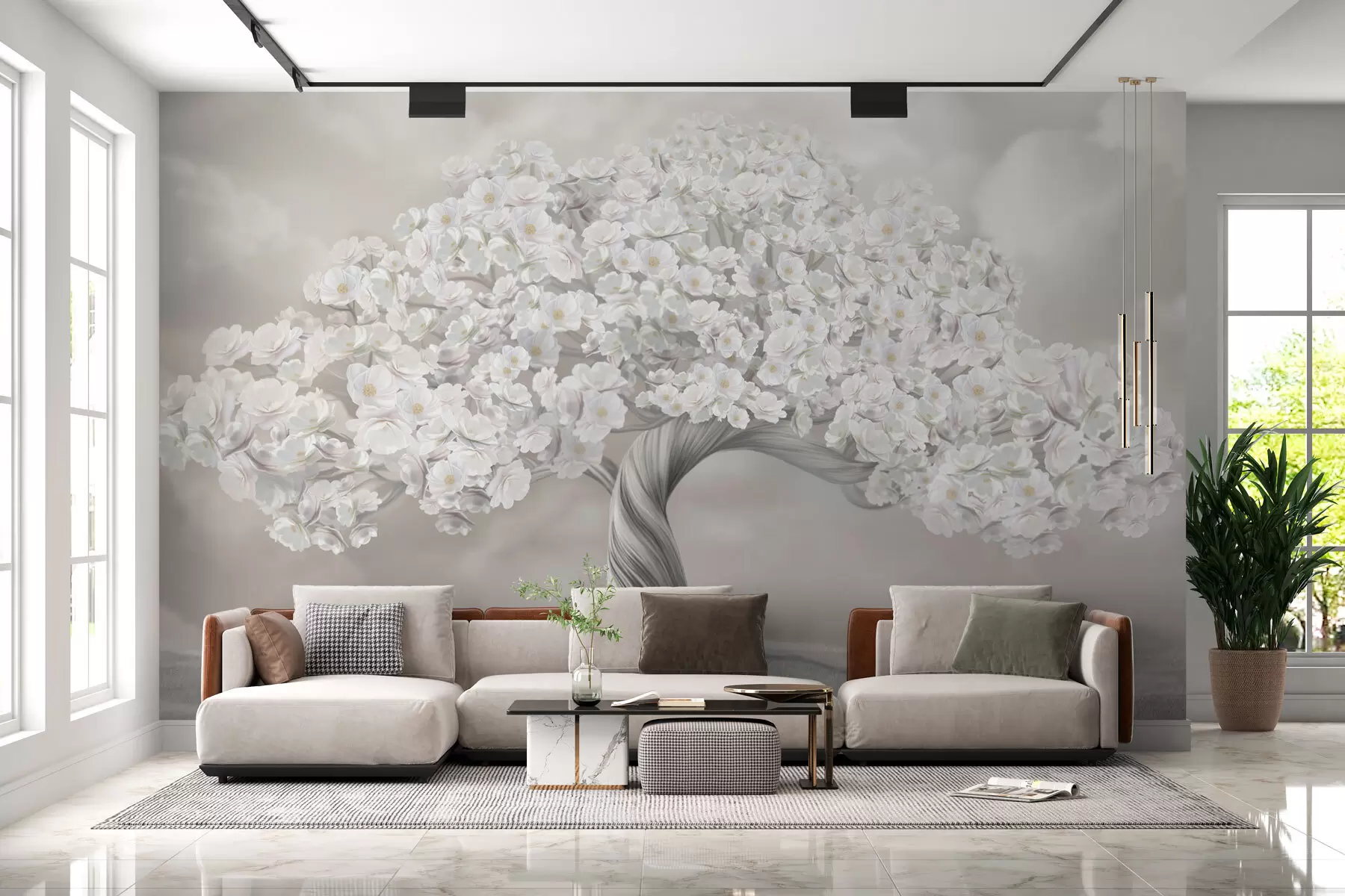 murales de pared Gran árbol florido con nubes de fondo en colores pastel w02748v1