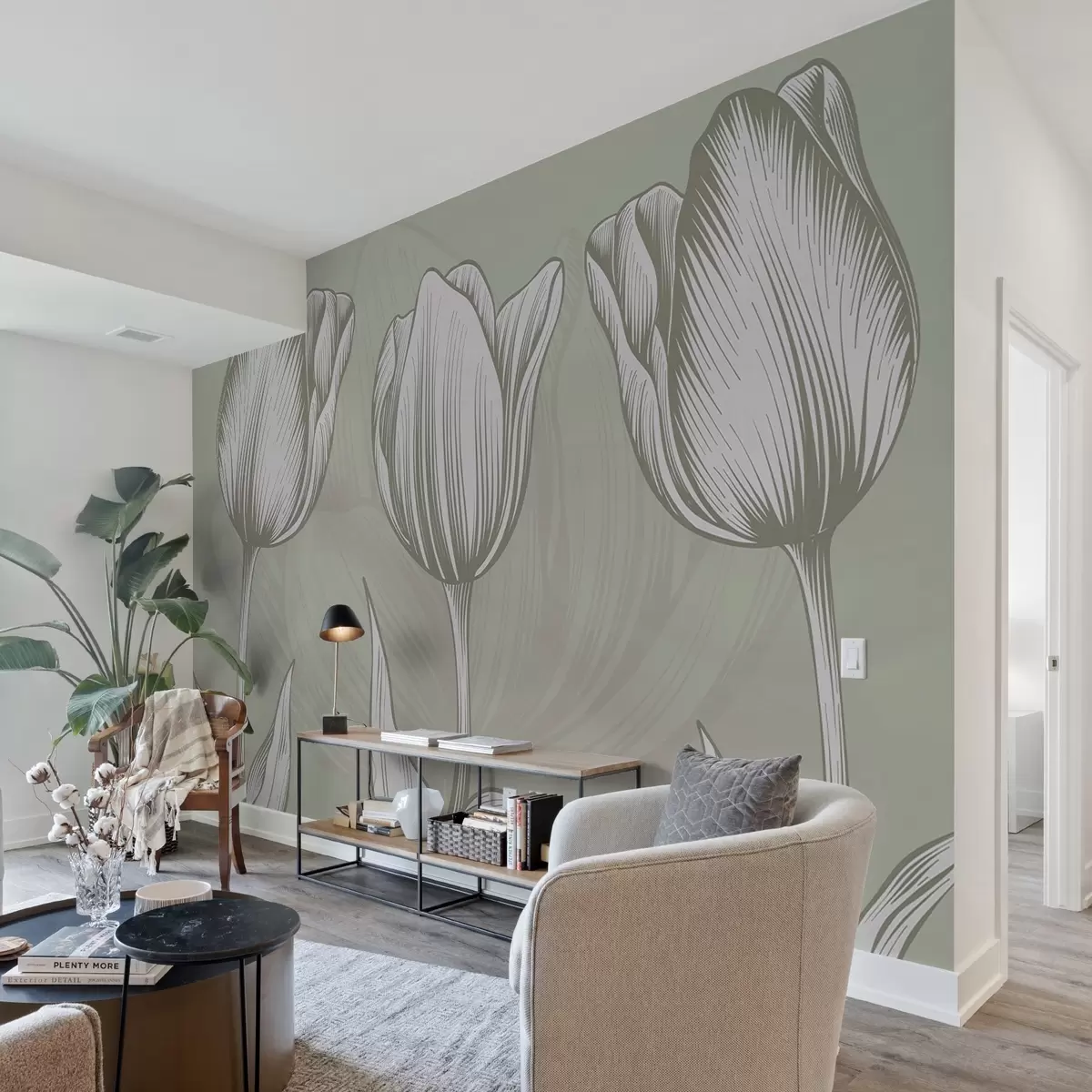 murales de pared Elegantes tulipanes sobre fondo verde w02786v2