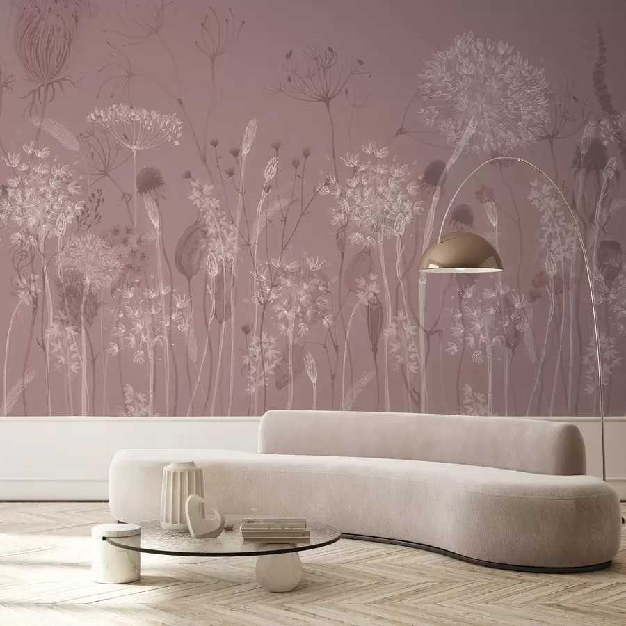 murales de pared Dientes de león y flores silvestres en estilo acuarela en tonos rosados w08637v1
