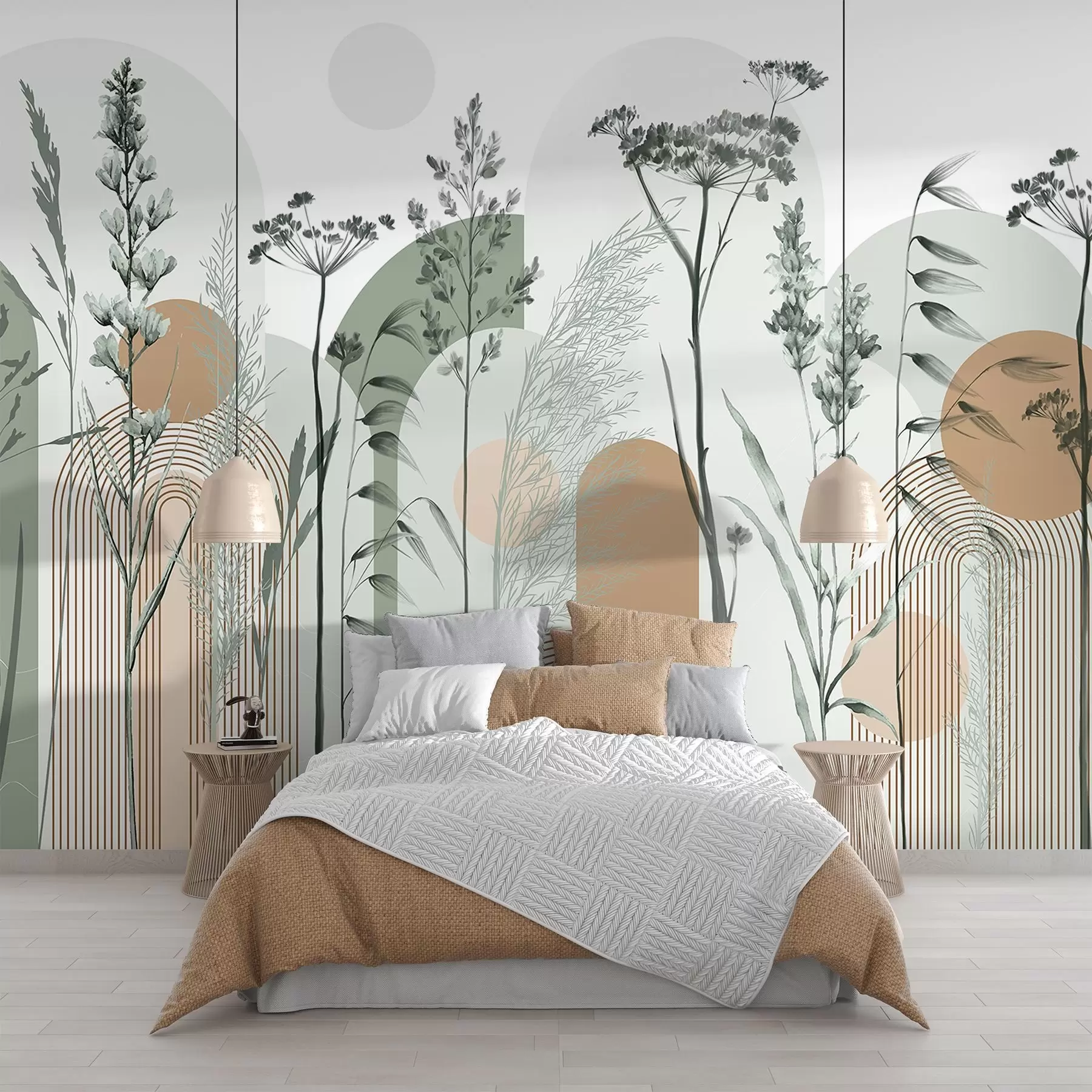 murales de pared Colección de plantas y flores en tonos neutros sobre fondo de arco abstracto en suaves tonos verdes y naranjas w08665v1