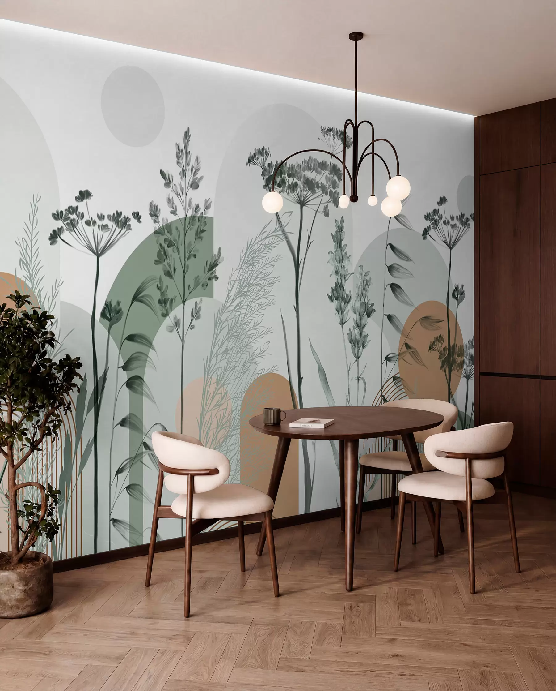 murales de pared Colección de plantas y flores en tonos neutros sobre fondo de arco abstracto en suaves tonos verdes y naranjas w08665v1
