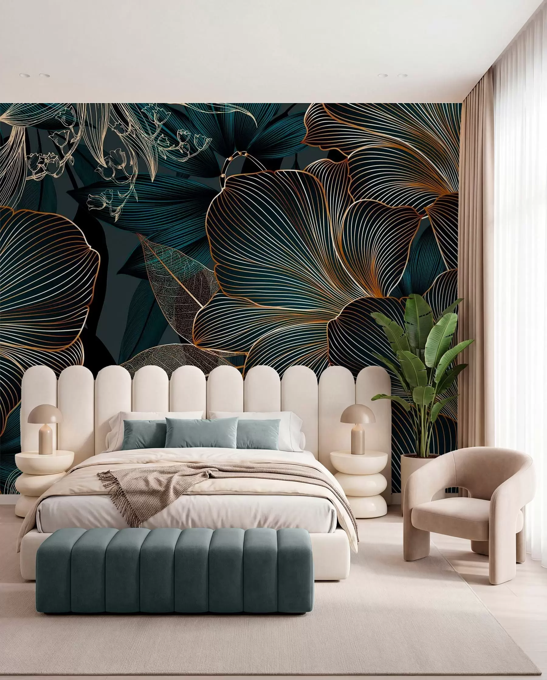 murales de pared Pétalos azul verdoso en líneas w08675