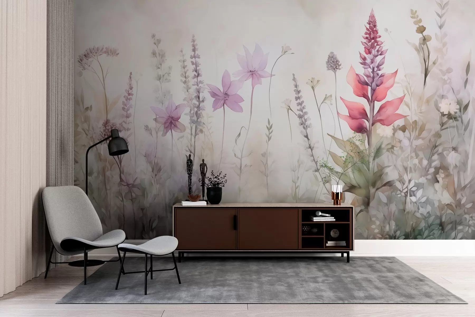murales de pared Flores y hierbas en estilo acuarela borrosa w02921