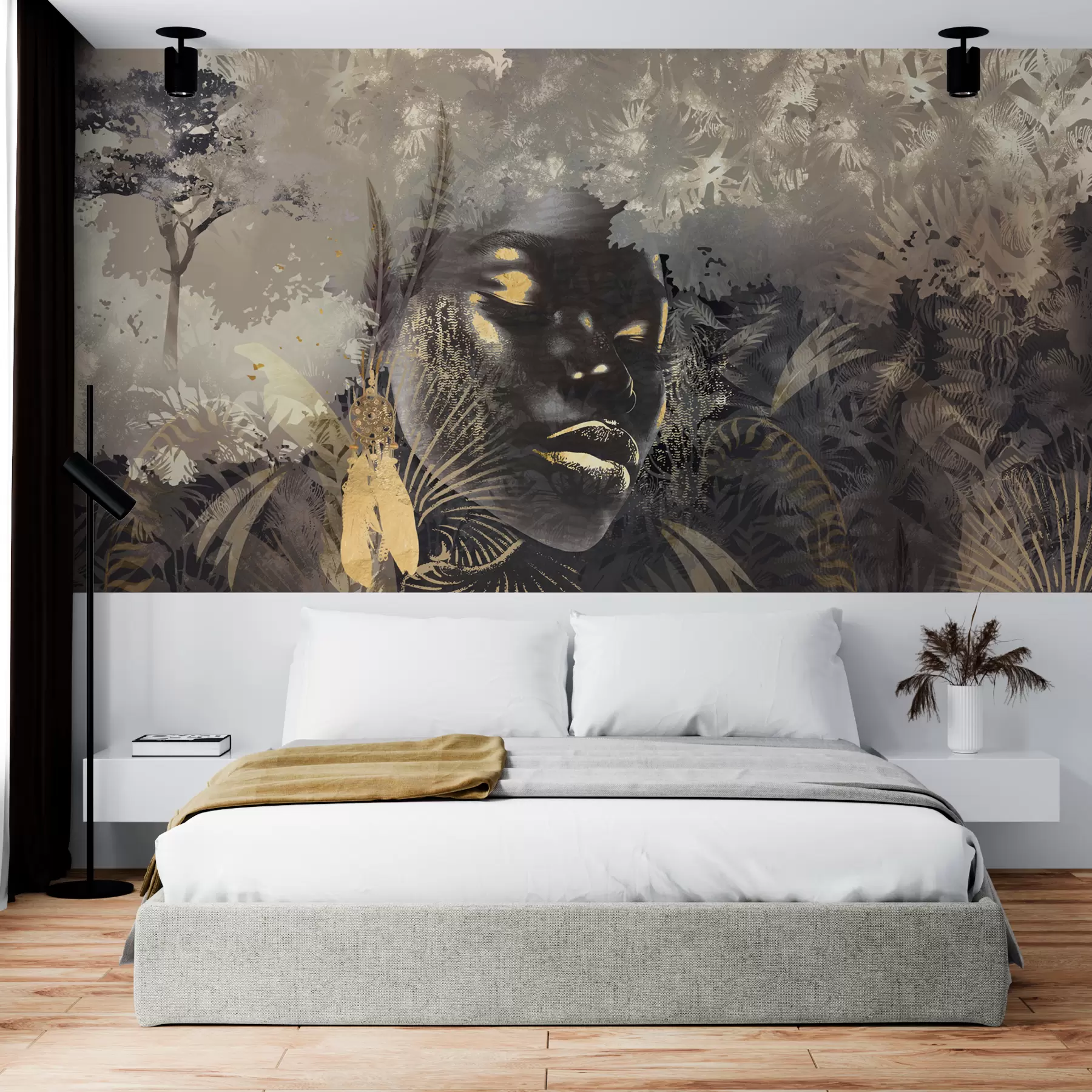 murales de pared África mágica con selva tropical, elementos femeninos y vectoriales con tinte marrón w02642v2