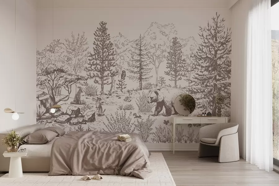 murales de pared Vida en el bosque, árboles, animales salvajes, oso, zorro, búho, arbustos, dibujo a lápiz, colores beige w02929