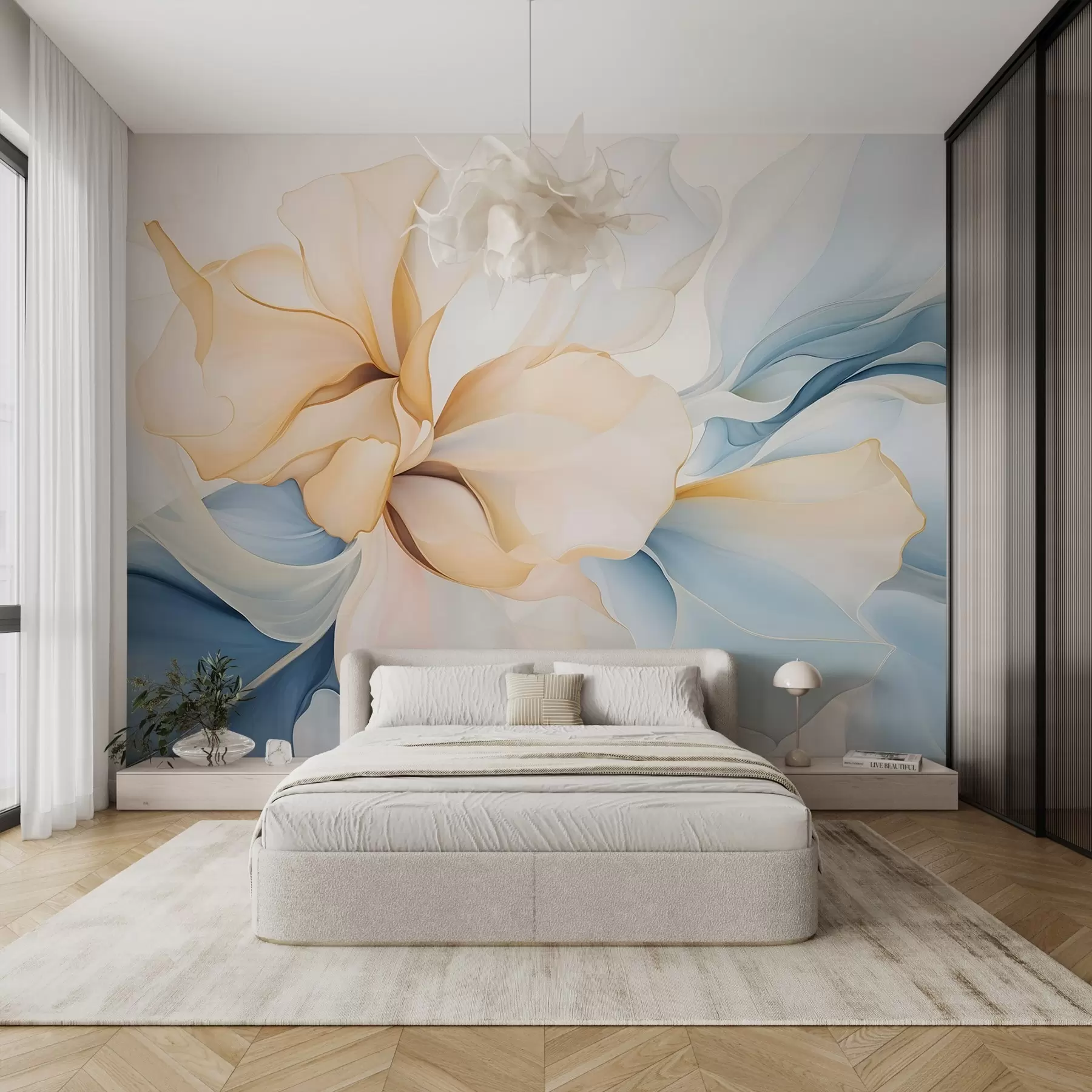 murales de pared Pétalos florales abstractos fluidos de formas translúcidas y superpuestas en colores pastel, en tonos melocotón y azul w08701