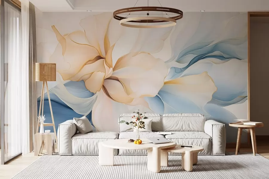 murales de pared Pétalos florales abstractos fluidos de formas translúcidas y superpuestas en colores pastel, en tonos melocotón y azul w08701