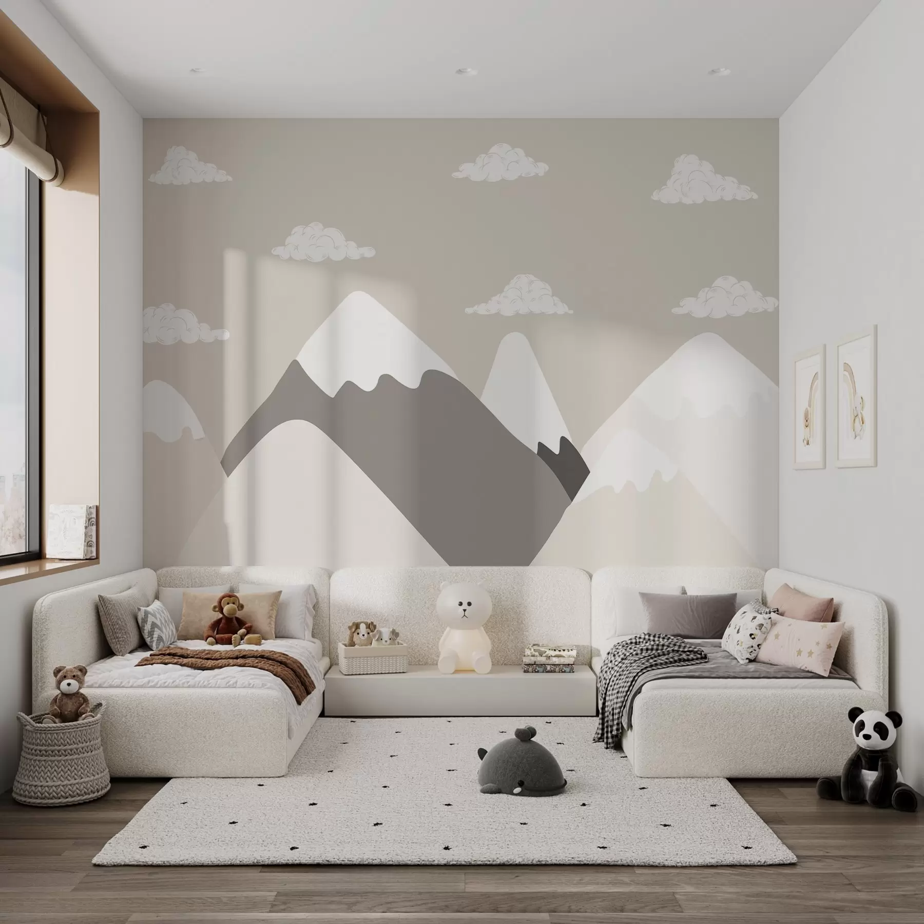 murales de pared Paisaje minimalista de montaña con suaves siluetas de picos nevados en tonos beige claro y gris, con suaves nubes blancas de fondo w03040v2