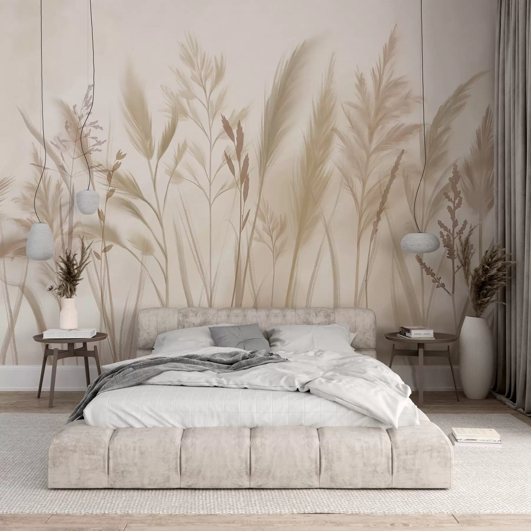 murales de pared Hierbas altas y delicadas, espiguillas y plantas en suaves tonos beige y crema, sobre un fondo ligeramente difuminado w08736